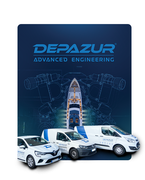 Vehicles with Deparuz branding and a boat behind with depazur logo